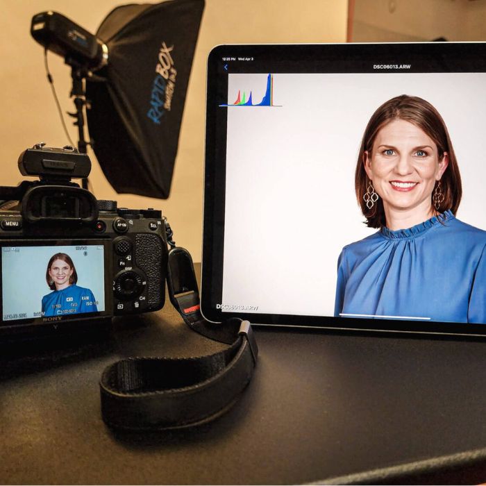 Portrait on camera and tablet